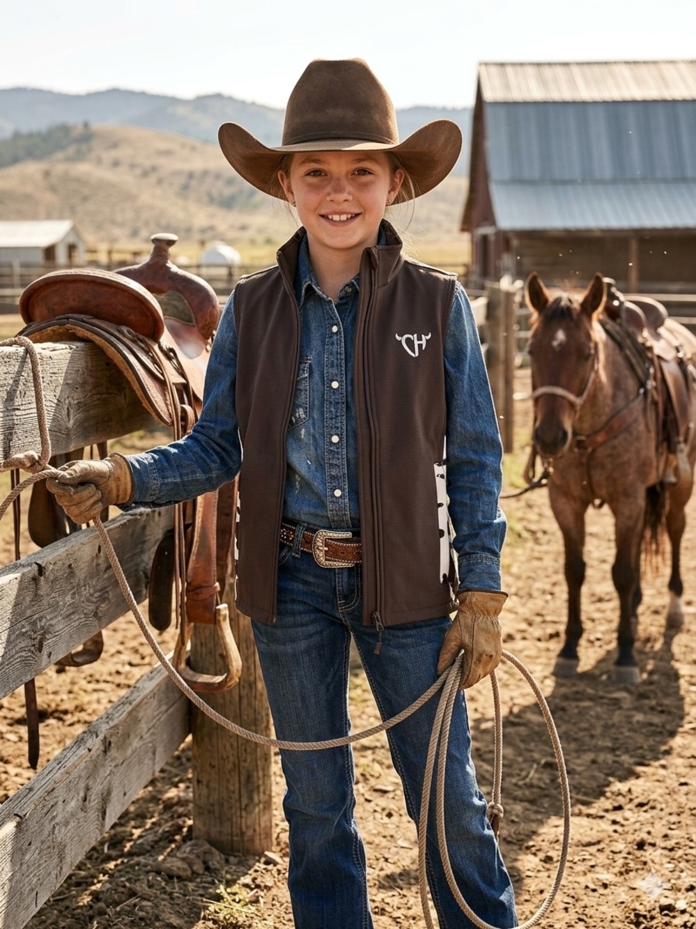 Cowgirl Hardware Girls Brown Cow Print Vest Poly Shell Size M 7-8 Full Zip